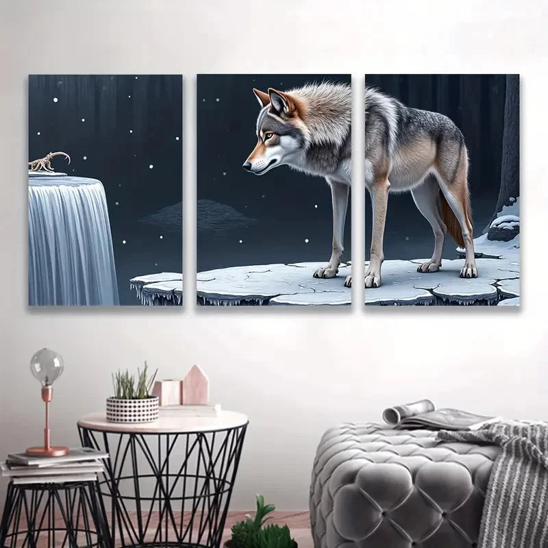 3pcs Wolf Howls at the Moon Y Wall Art Set Canvas Framed 50x70cm - High Quality Print 100% Australian Made Wall Canvas Ready to Hang