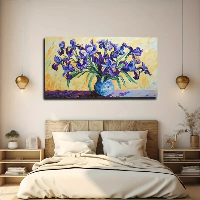 Elegant Purple Irises In Vase Wall Art Canvas Office Home Room Framed 120x60cm