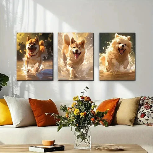 3pcs Playful Dogs Splashing in Water Perfect Wall Art Canvas Unframed - High Quality Print 100% Australian Made Wall Canvas