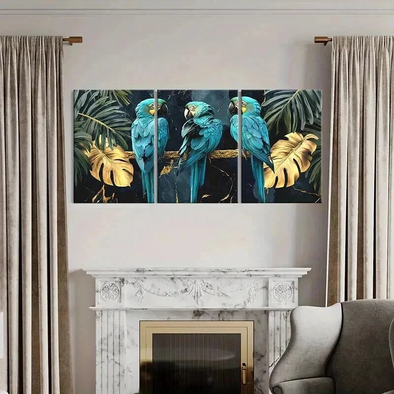 3pcs Exotic Parrots On Golden Tree Branch Wall Art Set Canvas Framed 40x60cm - High Quality Print 100% Australian Made Wall Canvas Ready to Hang - Bella Home Decor