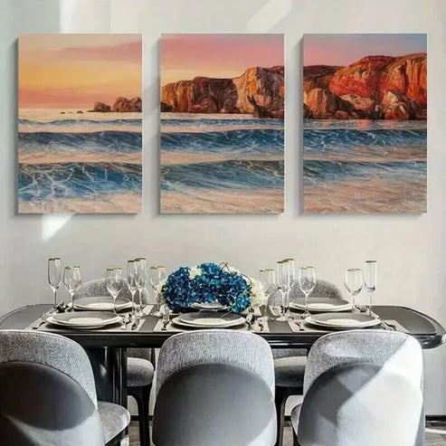3pcs Vibrant Sunset Ocean Scene Coastal Art Set Canvas Unframed - High Quality Print 100% Australian Made Wall Canvas