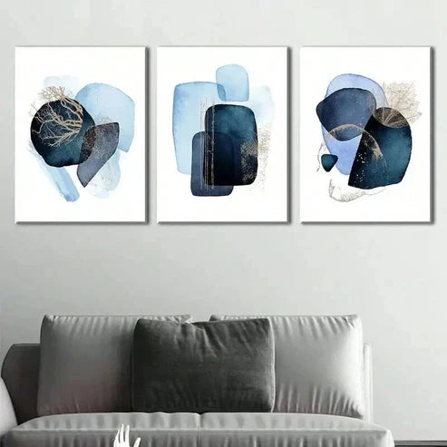 3pcs Black & Blue Abstract Geometric Shapes Art Set Canvas Unframed - High Quality Print 100% Australian Made Wall Canvas - Bella Home Decor