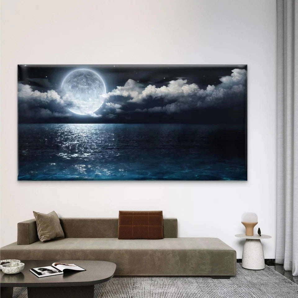 Moonlight Ocean Night Sky Wall Art Canvas Office Home Room Framed 120x60cm