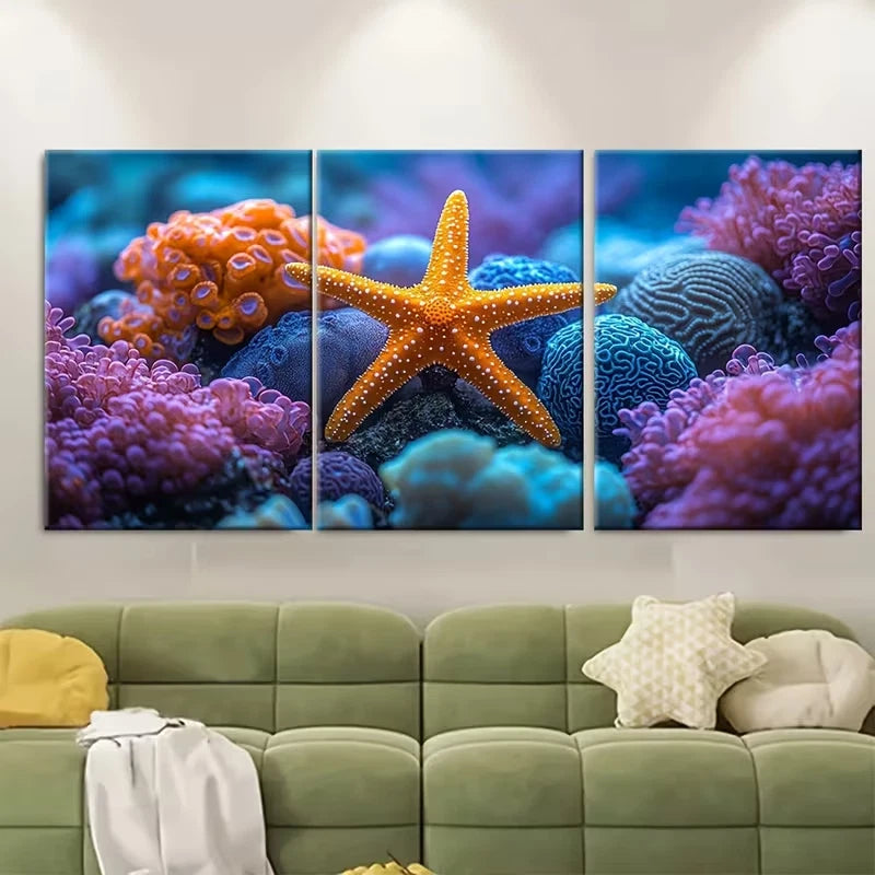 3pcs Vibrant Starfish and Coral Metal Print Ready to Hang Art