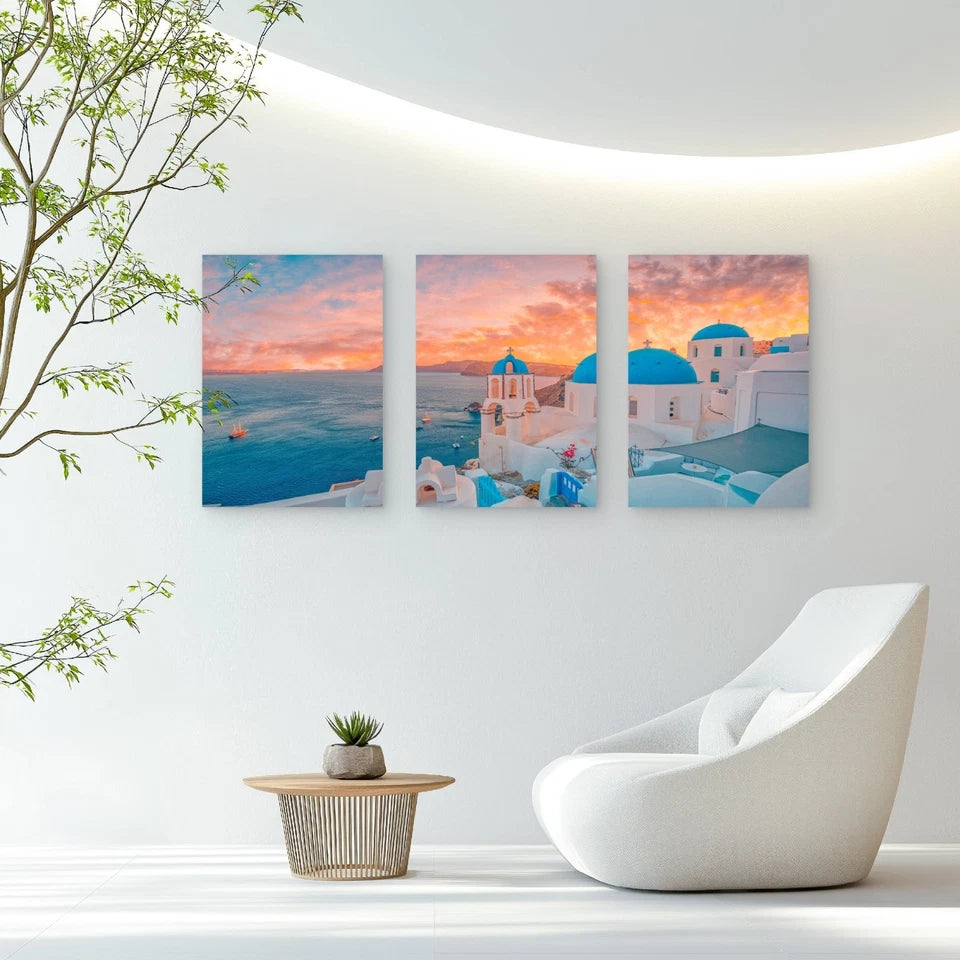 3pcs A Painted Sunset In Ancient Oia Wall Art Set Canvas Framed 40x60cm - High Quality Print 100% Australian Made Wall Canvas Ready to Hang - Bella Home Decor