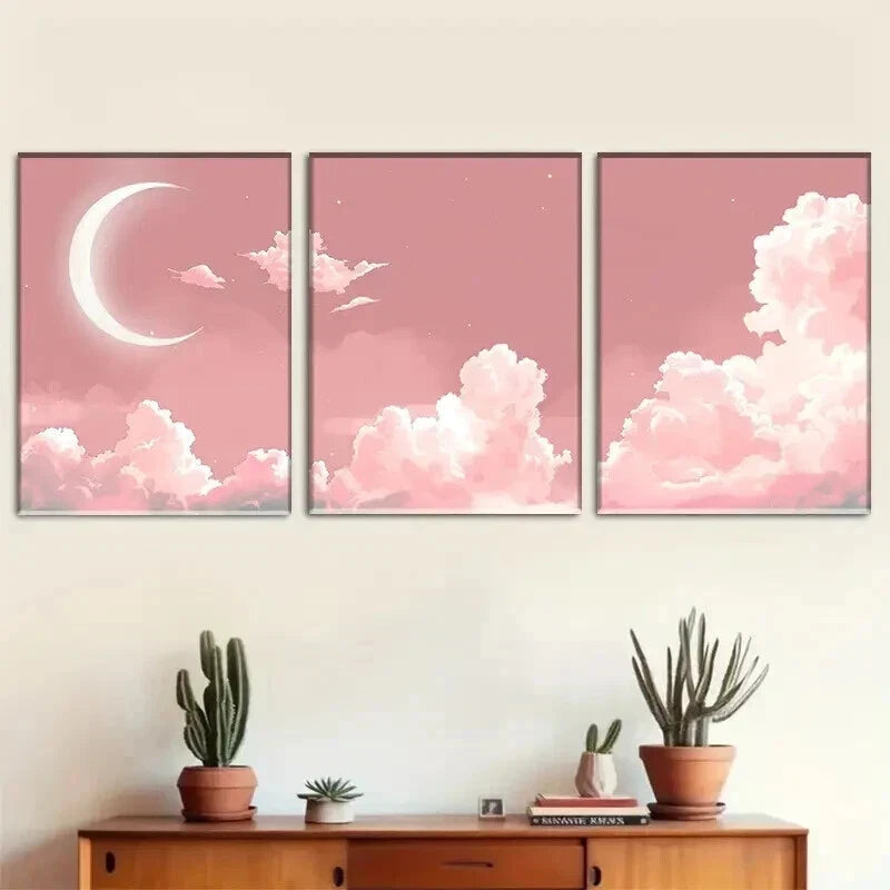 3pcs Pink Moon & Clouds Starry Sky Perfect Wall Art Set Canvas Framed 50x70cm - High Quality Print 100% Australian Made Wall Canvas Ready to Hang - Bella Home Decor