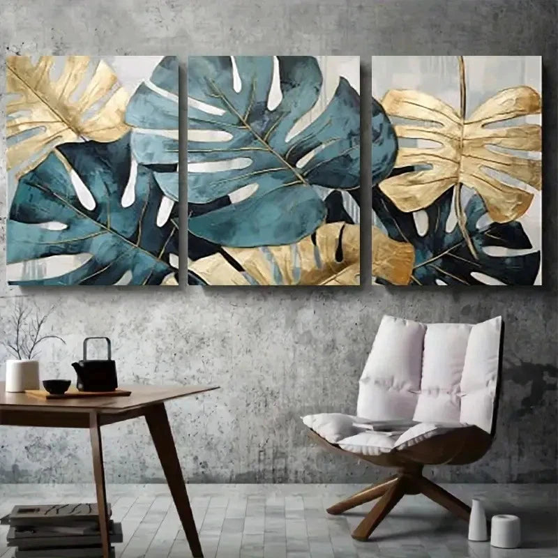 3pcs Vibrant Teal & Golden Palm Leaf Wall Art Set Canvas Framed 40x60cm - High Quality Print 100% Australian Made Wall Canvas Ready to Hang