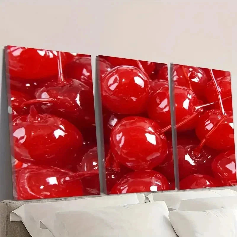 3pcs Red Cherries Art Print Wall Art Set Canvas Framed 50x70cm - High Quality Print 100% Australian Made Wall Canvas Ready to Hang
