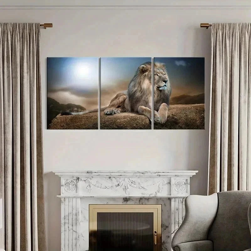 3pcs Animal Art Lion on the Ground Vintage Wall Art Set Canvas Framed 50x70cm - High Quality Print 100% Australian Made Wall Canvas Ready to Hang - Bella Home Decor