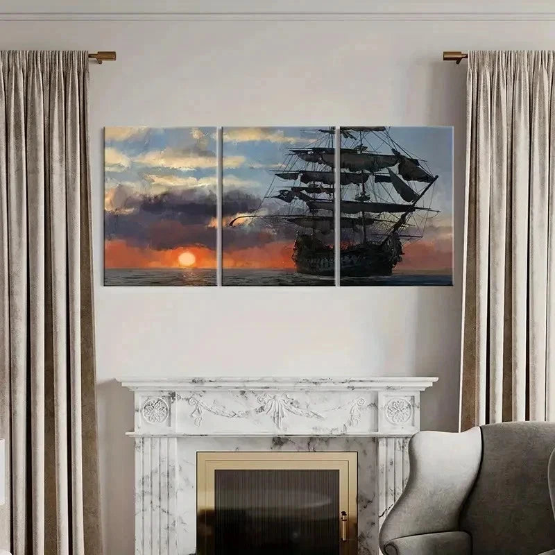 3pcs Vintage Nautical Pirate Ship in Sunset Wall Art Set Canvas Framed 60x90cm - High Quality Print 100% Australian Made Wall Canvas Ready to Hang