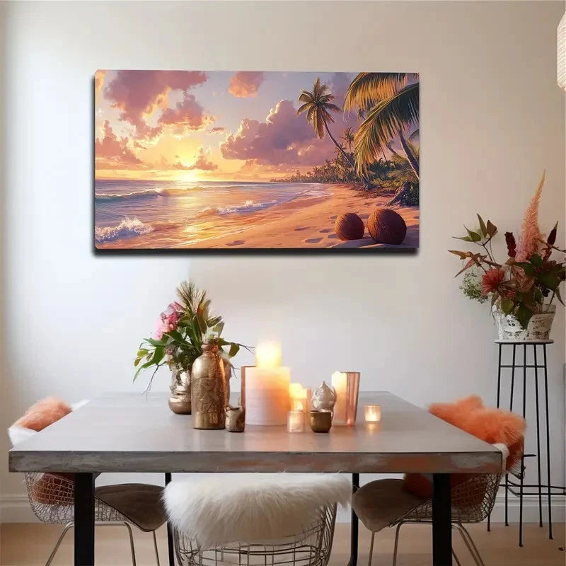Tropical Sunset Beach Scene Wall Art canvas office home room framed 120x60cm