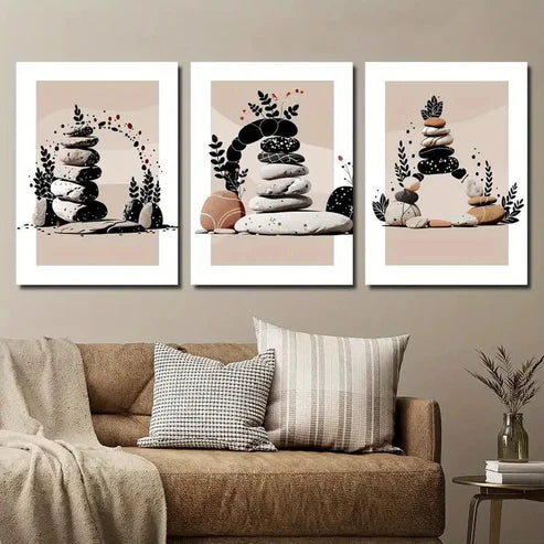 3pcs Abstract Stone Plant Art Zen Stone Stacked Wall Art Set Canvas Unframed - High Quality Print 100% Australian Made Wall Canvas - Bella Home Decor