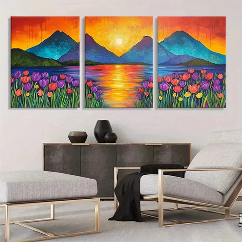 3pcs Vibrant Sunset Mountain Lake Tulip Wall Art Canvas Unframed - High Quality Print 100% Australian Made Wall Canvas
