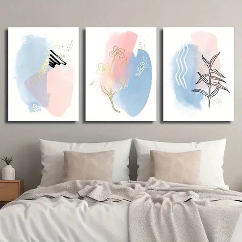 3pcs Blue and Pink Simple Line Botanical Floral Wall Art Set Canvas Unframed - High Quality Print 100% Australian Made Wall Canvas - Bella Home Decor