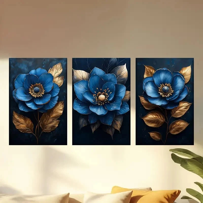 3pcs Blue flowers and Golden leaves Wall Art Set Canvas Framed 50x70cm - High Quality Print 100% Australian Made Wall Canvas Ready to Hang - Bella Home Decor