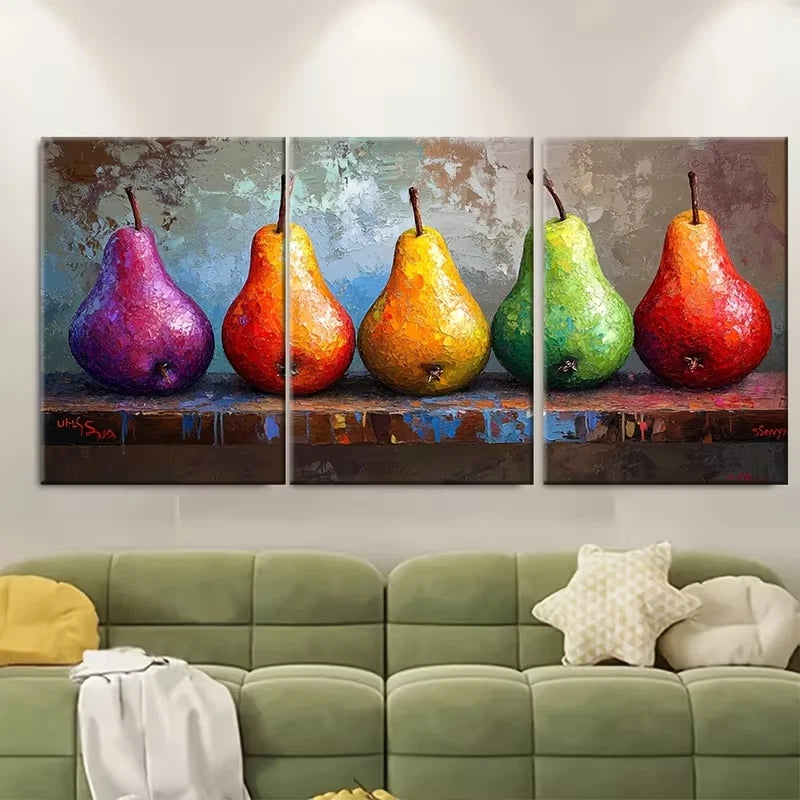 3pcs Pear Still Life Painting Impasto Fruit Metal Print Ready to Hang Art