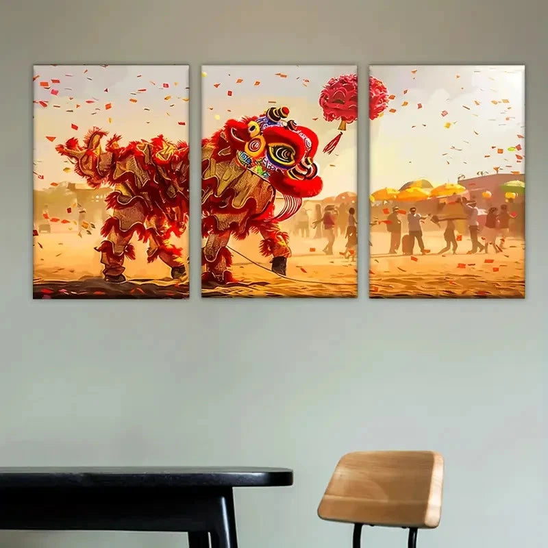 3pcs Vibrant Lion Dance Scene with Confetti Wall Art Set Canvas Framed 50x70cm - High Quality Print 100% Australian Made Wall Canvas Ready to Hang - Bella Home Decor
