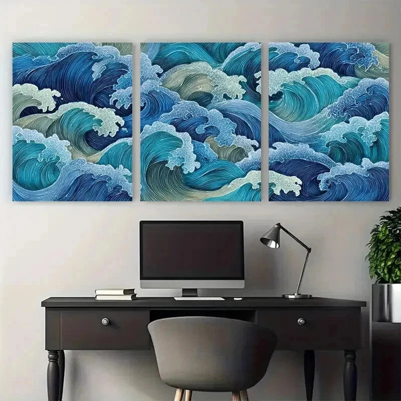 3pcs Very Demure Mindful Blue Coastal Perfect Wall Art Set Canvas Framed 50x70cm - High Quality Print 100% Australian Made Wall Canvas Ready to Hang