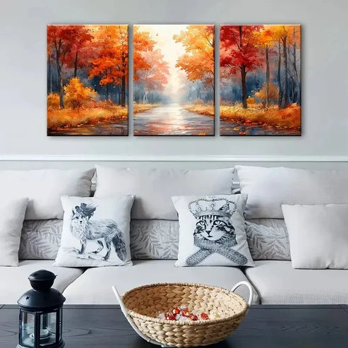3pcs Vibrant Autumn Park Pathway Wall Art Set Canvas Unframed - High Quality Print 100% Australian Made Wall Canvas