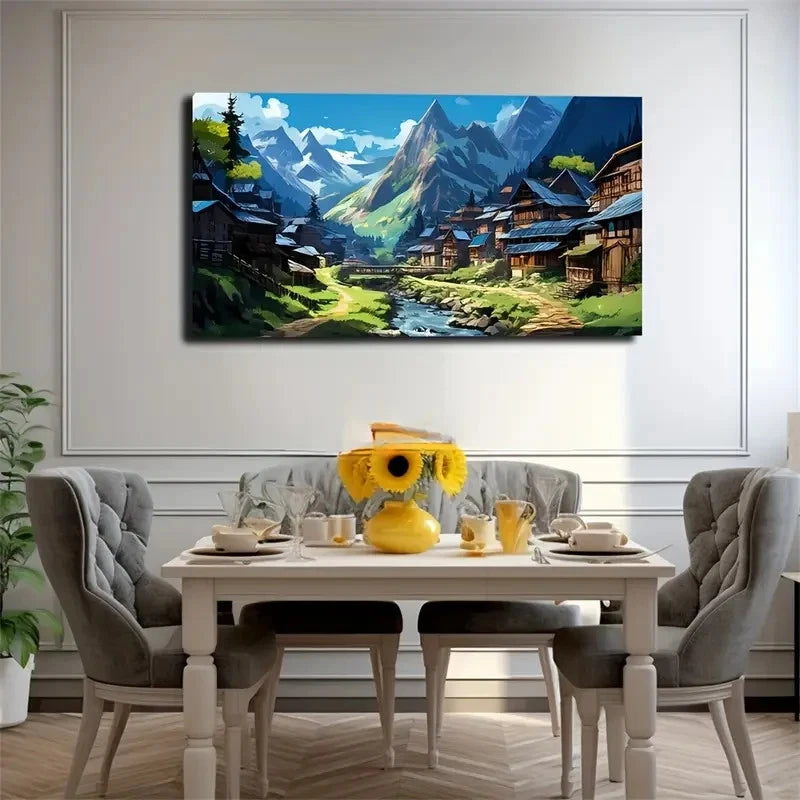 Traditional Houses And River Wall Art Canvas Office Home Room Framed 120x60cm.