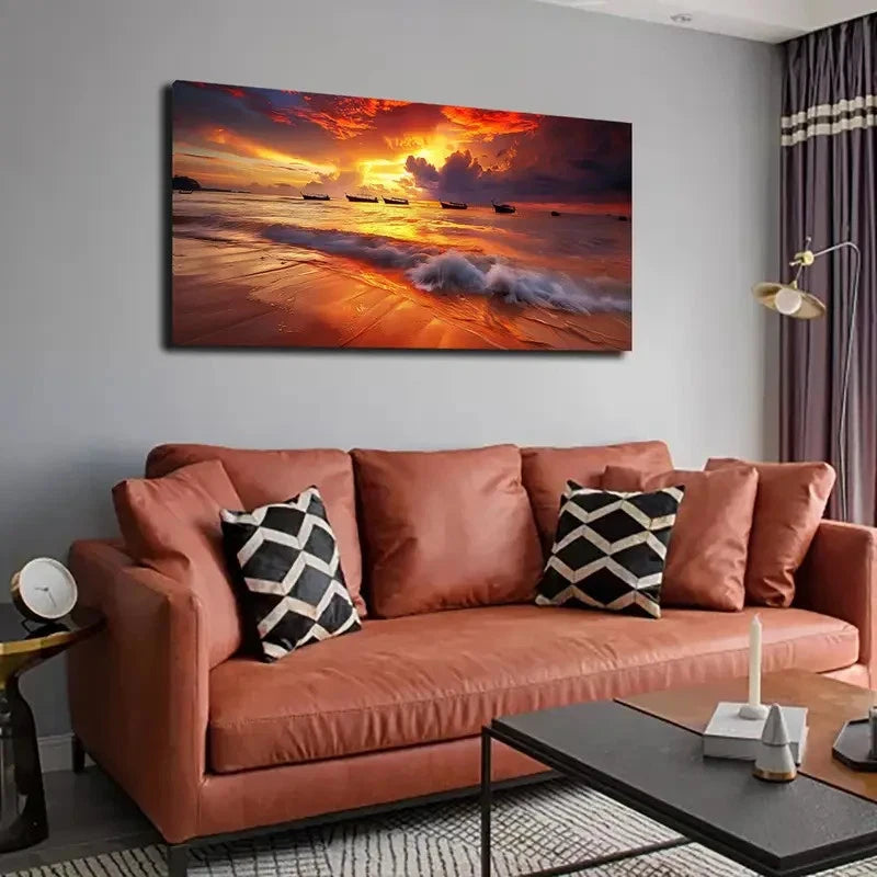 Sunset Sunrise Boat Seascape Wall Art Canvas Office Home Room Framed 120x60cm