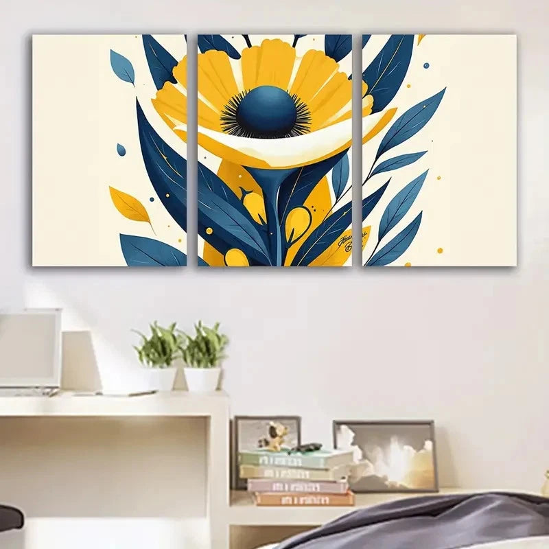 3pcs Yellow & Blue Floral Abstract Design Wall Art Set Canvas Framed 50x70cm - High Quality Print 100% Australian Made Wall Canvas Ready to Hang