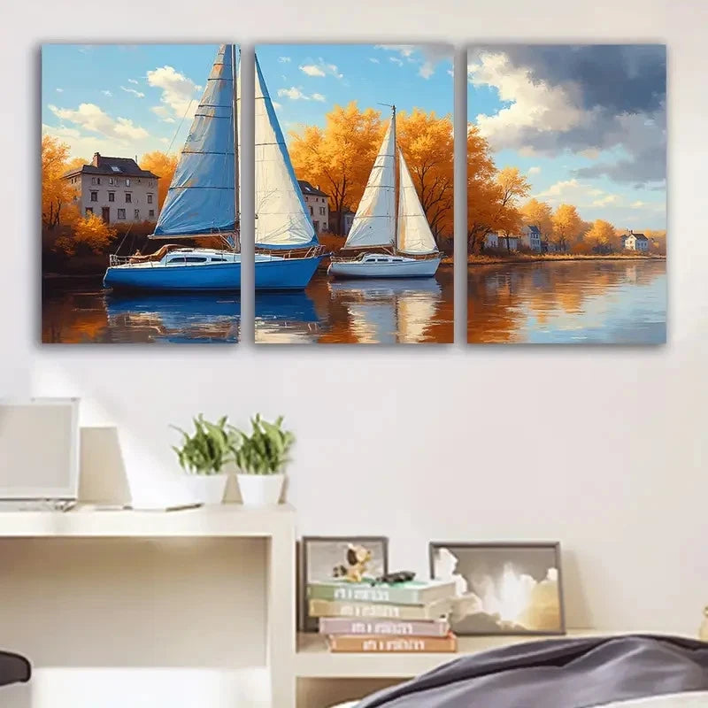 3pcs Sailboat Float Wall Art Set Canvas Framed 60x90cm - High Quality Print 100% Australian Made Wall Canvas Ready to Hang