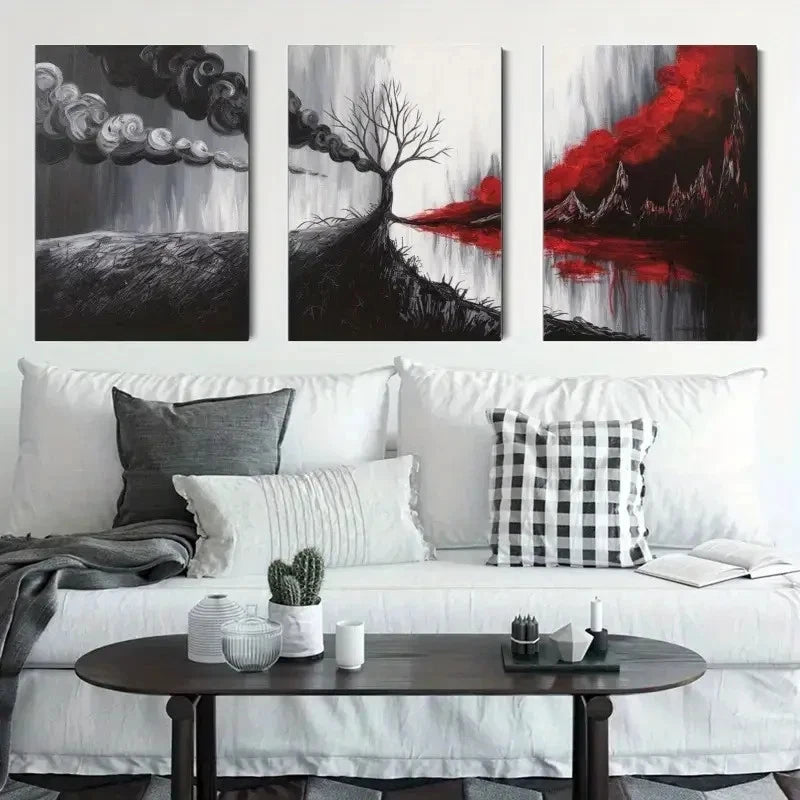 3pcs Tree Black , Red Abstract Style Wall Art Set Canvas Framed 60x90cm - High Quality Print 100% Australian Made Wall Canvas Ready to Hang - Bella Home Decor
