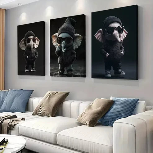3 PCS Cool Elephant With Knitted Hat And Sunglasses Wall Art Set Canvas Unframed - High Quality Print 100% Australian Made Wall Canvas - Bella Home Decor