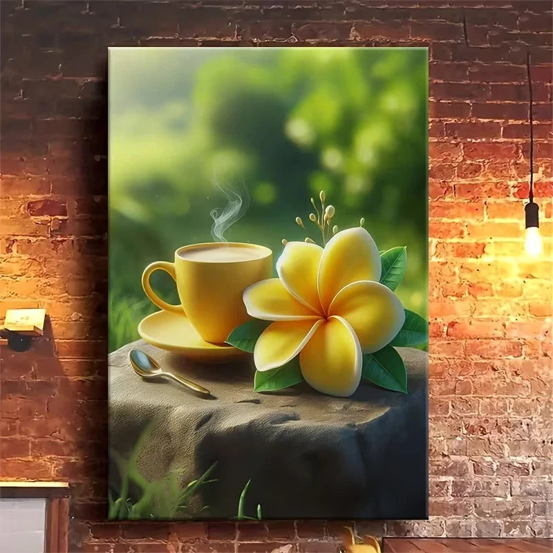 Coffee & Frangipani Serene Tropical Scene 60x90cm Metal Print Ready to Hang