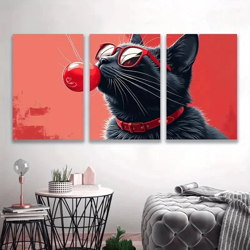 3pcs Black Cat in Fashion Glasses, Red Bow I Wall Art Set Canvas Framed 60x90cm - High Quality Print 100% Australian Made Wall Canvas Ready to Hang - Bella Home Decor