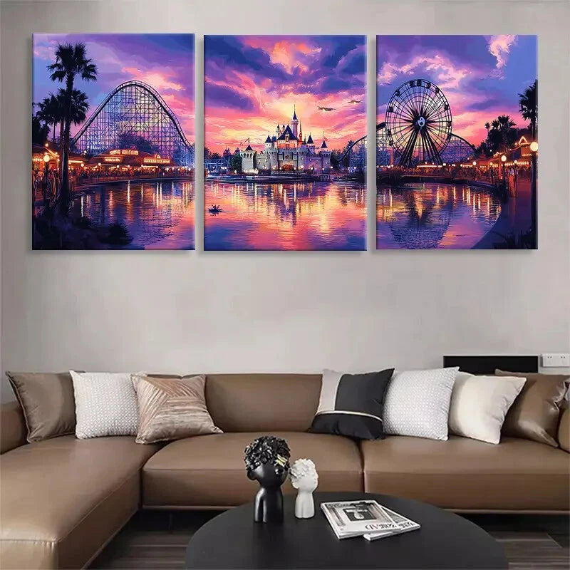 3pcs Theme Park Sunset Triptych Vibrant Perfect Wall Art Set Canvas Framed 40x60cm - High Quality Print 100% Australian Made Wall Canvas Ready to Hang