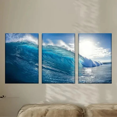 3pcs Vibrant Ocean Wave Posters, Polyester Wall Art Set Canvas Unframed - High Quality Print 100% Australian Made Wall Canvas - Bella Home Decor