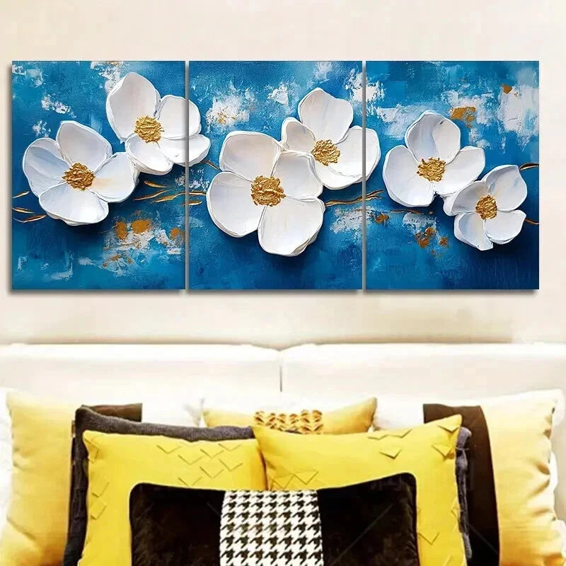 3pcs White Flower on Blue Background Wall Art Set Canvas Framed 50x70cm - High Quality Print 100% Australian Made Wall Canvas Ready to Hang