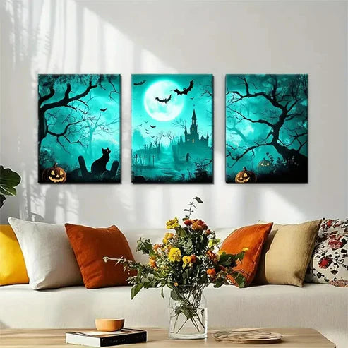 3pcs Spooky Haunted Night Castle Eerie Wall Art Canvas Unframed - High Quality Print 100% Australian Made Wall Canvas