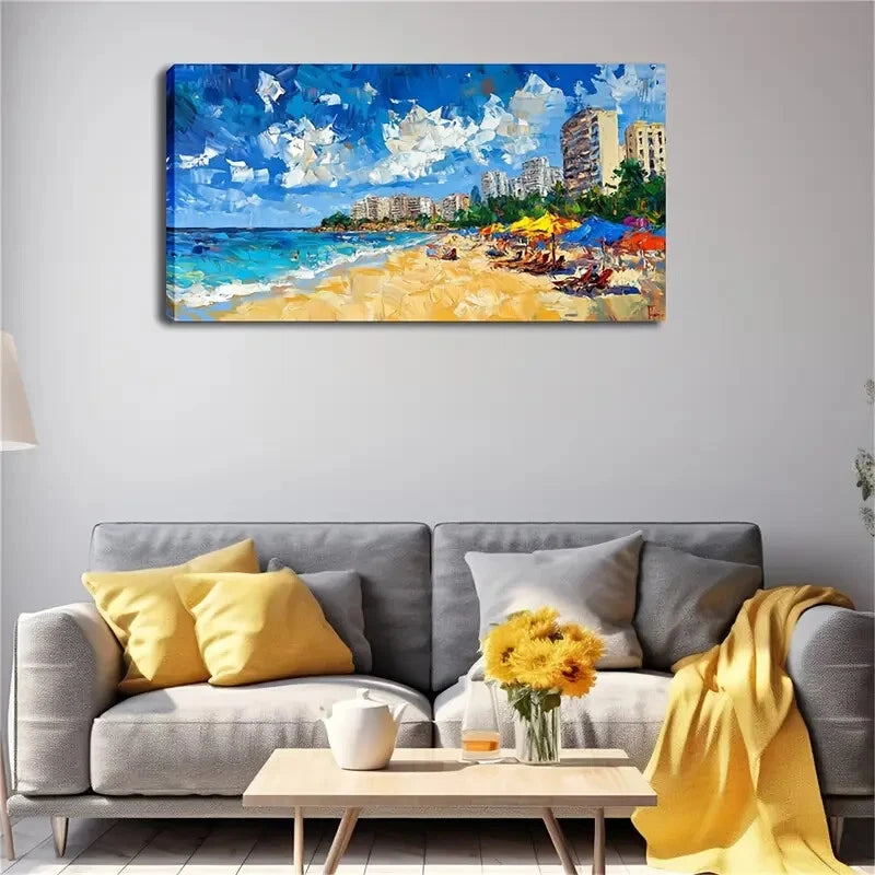 Colorful Beach Umbrellas Chairs Wall Art Canvas Office Home Room Framed 120x60cm - Bella Home Decor