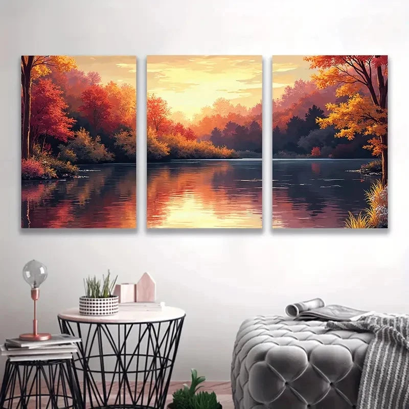3pcs Golden Sunset Reflecting On Autumn Water Wall Art Set Canvas Framed 40x60cm - High Quality Print 100% Australian Made Wall Canvas Ready to Hang - Bella Home Decor