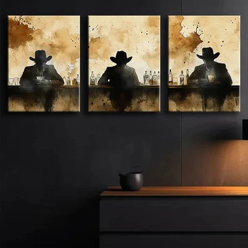 3pcs Silhouettes at Bar Design Alone Darkness Wall Art Set Canvas Unframed - High Quality Print 100% Australian Made Wall Canvas