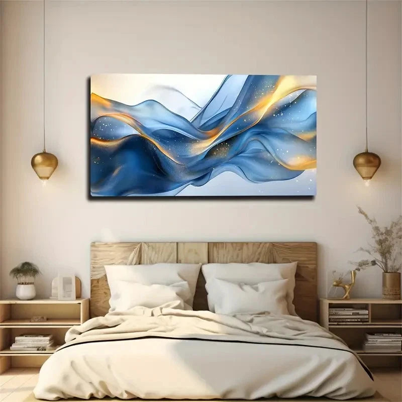 Abstract Blue And Golden Modern Wall Art Canvas Office Home Room Framed 120x60cm
