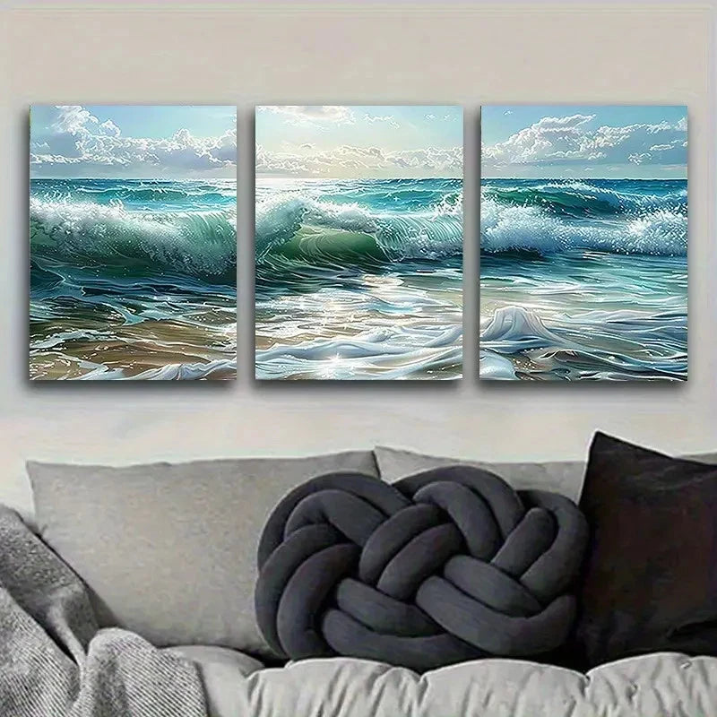 3pcs Ocean Waves Beach Panoramic Wall Art Set Canvas Framed 40x60cm - High Quality Print 100% Australian Made Wall Canvas Ready to Hang