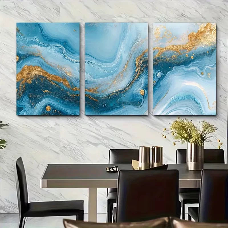 3pcs Blue Marbled Art with Golden Accents Abstract Metal Print Ready to Hang Art