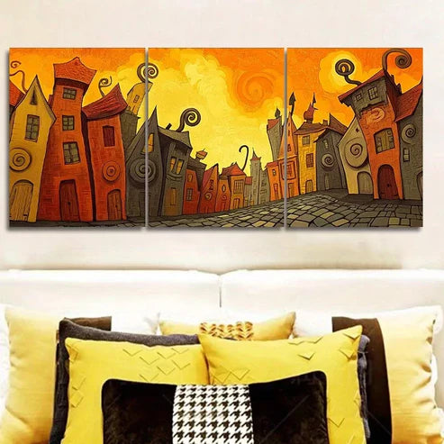 3pcs Buildings in The City Strange Background Wall Art Canvas Unframed - High Quality Print 100% Australian Made Wall Canvas - Bella Home Decor