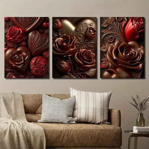 3pcs Chocolate Rose with Golden Accents Wall Art Canvas Unframed - High Quality Print 100% Australian Made Wall Canvas - Bella Home Decor