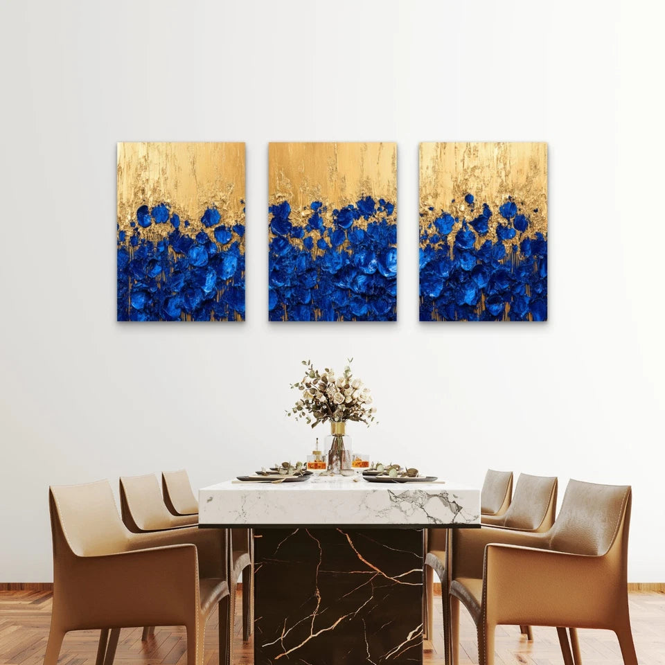 3pcs Golden Sky Over Cobalt Blooms Wall Art Set Canvas Framed 50x70cm - High Quality Print 100% Australian Made Wall Canvas Ready to Hang - Bella Home Decor