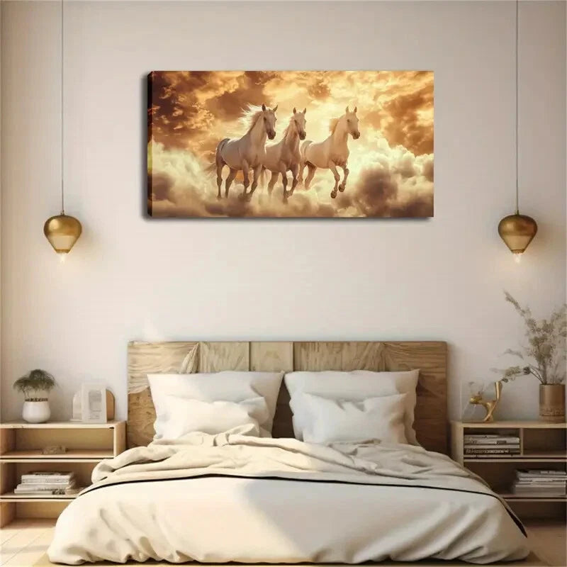 Three White Horses Standing Wall Art Canvas Office Home Room Framed 120x60cm - Bella Home Decor