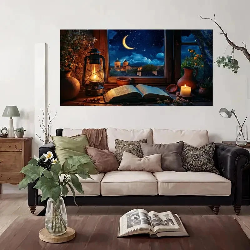 Night Sky Crescent Moon Lantern Wall Art Canvas Office Home Room Framed 120x60cm