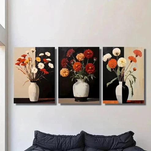 3pcs Colorful Flowers in Black & White Vases Wall Art Set Canvas Unframed - High Quality Print 100% Australian Made Wall Canvas - Bella Home Decor