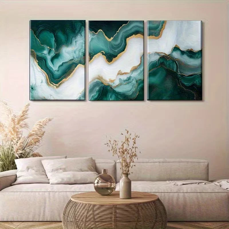 3pcs Emerald Green, Golden & White Abstract Metal Print Ready to Hang Art