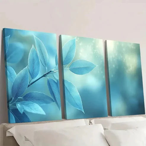 3pcs Blue White & Green Leaf Design Wall Art Set Canvas Unframed - High Quality Print 100% Australian Made Wall Canvas - Bella Home Decor