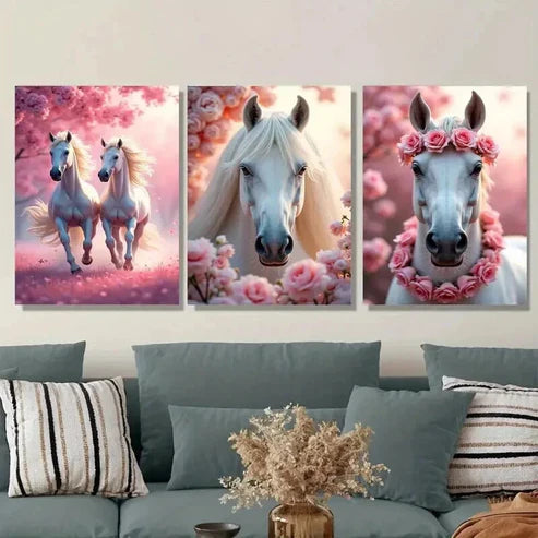 3pcs Horse Pink Floral Background Beautiful Wall Art Set Canvas Unframed - High Quality Print 100% Australian Made Wall Canvas